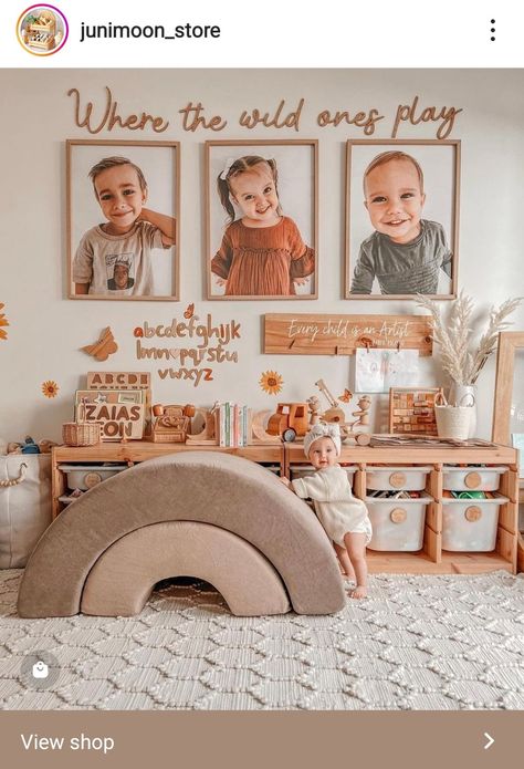 Neutral Rainbow Playroom, Boho Toy Room, Playroom Theme Ideas Gender Neutral, Boho Farmhouse Playroom, Earth Tone Playroom, One Year Old Playroom, Boho Daycare Room, Boho Rainbow Girls Room, Boho Daycare