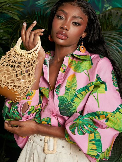 Tropical Prints Pattern, Sorority Buttons, Vibe Pink, Lantern Sleeve Shirt, Lantern Sleeve Top, Tropical Fashion, Green Leaf Print, Oversize Sleeves, Tropical Leaf Print