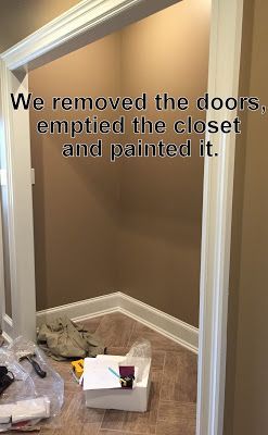 Front Door Closet Makeover, Turn Closet Into Drop Zone, Mudroom Closet Conversion, Farmhouse Hall Bathroom Ideas, Living Room Closet Makeover, Entrance Closet Makeover, Mud Room Closet Organization, Mud Closet Ideas, Closet Mud Room Conversion