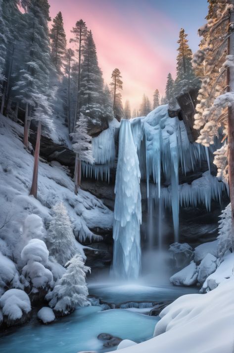 Experience the magic of a frozen waterfall in this award-winning panoramic photo.  Towering pines, frost, and a snow-covered mountainside create a winter wonderland. #UltraHD #HDR #NaturePhotography #FrozenWaterfall #Fjord #Plateau #Canyon Snowy Waterfall, Frozen Waterfall, Snow Texture, Frozen Pond, Beautiful Winter Scenes, Winter Sunrise, Ice Snow, Breathtaking Beauty, Panoramic View