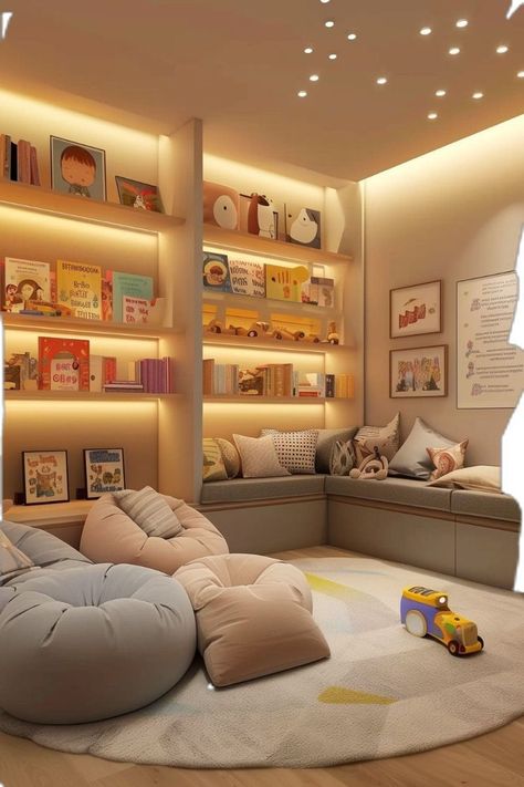 Playroom With Dark Furniture, Playroom With Bookshelves, Children’s Playroom Idea, Family Living Room Playroom, Grown Up Playroom Ideas, Playroom Office Ideas, Interior Design Playroom, Playroom Age 5-8, Grown Up Playroom