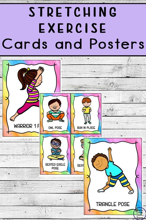 These stretching exercise cards are a fun way to get kids moving. Use them during holidays, as brain breaks or just as fun activities as part of games. Preschool Stretching Exercises, Preschool Fitness Theme, Prek Exercise Activities, Preschool Transition Games, Exercise Lesson Plans For Preschool, Exercise For Preschoolers, Exercise Cards For Kids, Preschool Exercise Crafts, Exercise Unit Creative Curriculum