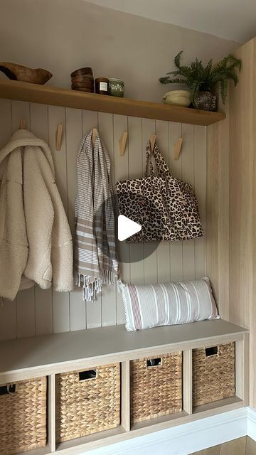 Kerry Kellett on Instagram: "When the heart says bespoke but the budget says Ikea

Here’s the first in a series of how we have used @ikeauk hacks in our home to save money when renovating & proof that ikea can look 👌🏼 

To create our bootroom storage space we used the following:

1x Kallax unit in white washed oak £45

Rattan storage boxes £15 each
(Cheaper alternatives available)

Wooden coat hooks £9.99 from @amazonuk 

Mdf for panelling from @bandq_uk £20

Oak shelf from @thecraftycoupleltd £130
(You could used a lack shelf from @ikeauk as a cheaper alternative)

Painted in @kalklitir noce & ecru mix

#ikea #ikeahack #ikeahome #ikeahacks #ikeahackers #bootroom #bootroomideas #shoestore #shoestorage #homeinterior #homediyproject #homerenovations #diyhomedecor #utility #utilityroom #uti Kallax Unit Shoe Storage, Ikea Entry Way Ideas, Kallax Boot Room, Ikea Bootroom Hack, Ikea Kallax Hallway Ideas, Kallax Boot Room Hack, Ikea Hall Tree, Ikea Boot Room Hack, Bootroom Storage