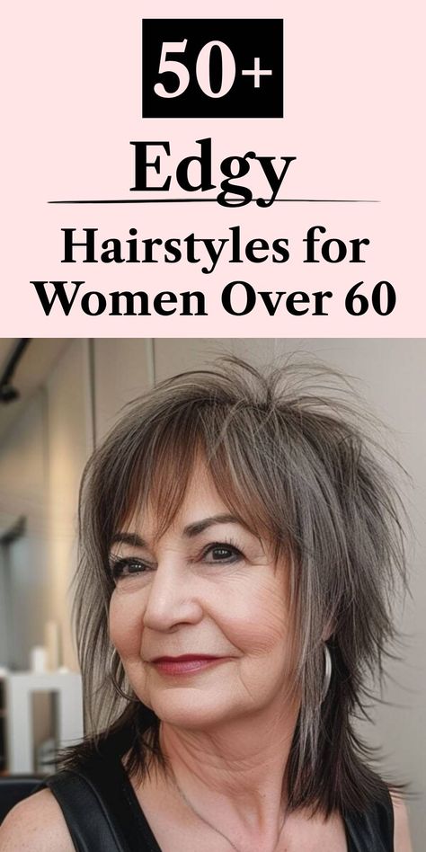 An edgy shaggy mullet hairstyle with layers for women over 60 Shag Hair Styles For Older Women, Senior Hairstyles Older Women, Hairstyles Over 60 Older Women New Looks, Haircuts For Women Over 60 Medium Length, Hairstyles For Women Over 60 Medium, Edgy Hairstyles For Women, Gray Hair Solutions, 60 Year Old Hairstyles, Shaggy Mullet