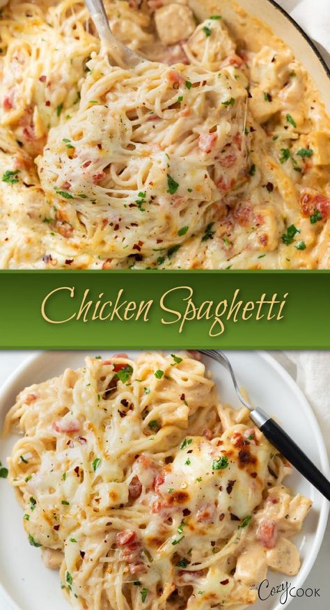 chicken spaghetti in a skillet Cozy Cook Chicken Spaghetti, Bake Chicken Spaghetti Recipe, Chicken Parm Noodles, Mexican Chicken Spaghetti Casserole, Chicken Meatball Spaghetti, Easy Dinner With Spaghetti Noodles, Million Dollar Chicken Spaghetti Recipe, Spagetti Noodle Recipes Easy, Chicken Pasta Ideas For Dinner