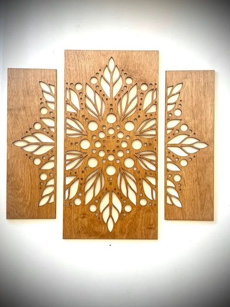 Boho Modern Leaf mandala wood wall art, set number 2, 3 panel in natural or 11 other finishes, decor wall art original | #art #wallart #paintings #wall #decor #homedecor #interiordesign #painting #design #artwork #home #nature #paint #interior #architecture Mandala Wood Art, Mdf Board Projects, Wall Decor Panels, Leaf Mandala, Laser Cut Wall Art, Wood Mandala, Mandala Wood, Wood Laser Ideas, Wooden Leaf