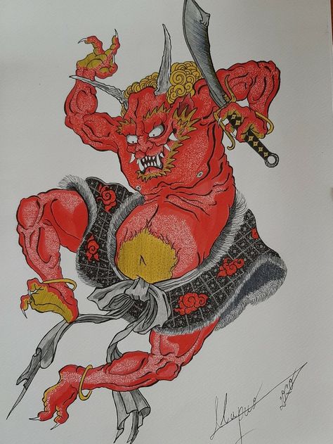 Oni Yokai Art, Japanese Lore Tattoo, Traditional Japanese Demon Art, Traditional Japanese Yokai Art, Japanese Oni Tattoo Sleeve, Oni Traditional Art, Japanese Demon Tattoo Traditional, Japanese Monster Tattoo, Japanese Tattoo Art Traditional Sleeve