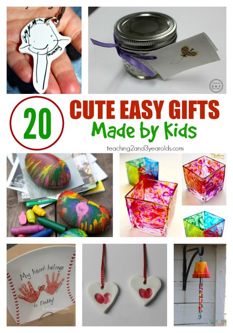 20 cute and easy gifts made by kids - some are so easy that even toddlers and preschoolers can make them! Perfect keepsakes for that someone special. From Teaching 2 and 3 Year Olds Gifts Made By Kids, Diy Christmas Gifts For Parents, Kid Made Christmas Gifts, Diy Easter Gifts, Parents Christmas, Preschool Gifts, Christmas Gifts For Parents, Easy Christmas Gifts, Preschool Christmas