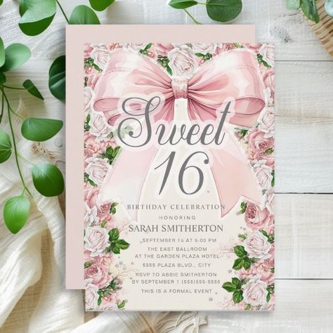 Pink Bow Coquette Floral Vintage Sweet 16 Invitation Vintage Sweet 16, Coquette Birthday, Pink Sweet 16, Modern Birthday Party, 16 Invitations, Surprise Birthday Invitations, Coquette Floral, Happiest Birthday, Bow Coquette