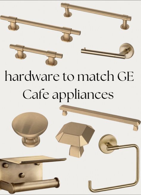 Ge Cafe Appliances Stainless Steel White Cabinets, Ge Cafe Matte White Brushed Bronze, Kitchen Champagne Bronze Hardware, Cabinet Hardware To Match Cafe Appliances, Cabinet Hardware To Match Delta Champagne Bronze, Champagne Hardware Kitchen, Mix Metals Kitchen, Brushed Bronze Hardware Kitchen, Satin Brass Kitchen Hardware