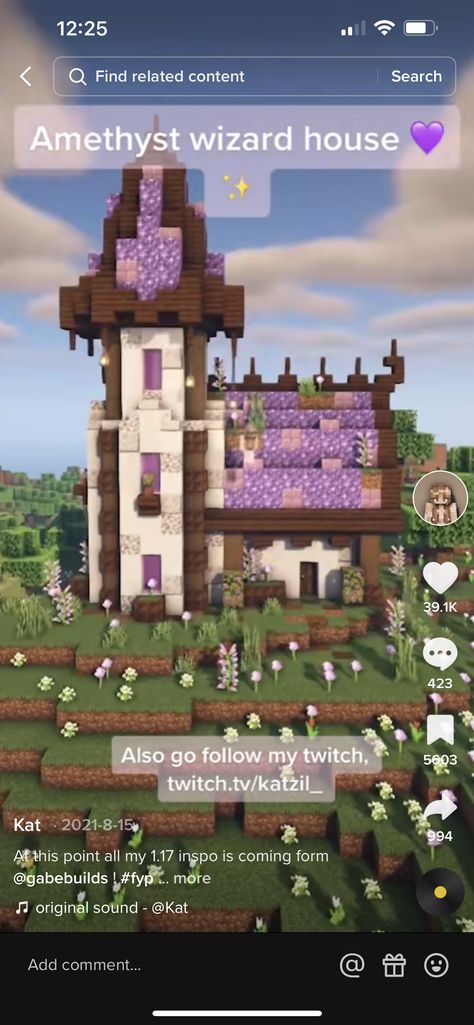 Mincraft Idea Houses Tower, Mc Amethyst Builds, Cute Witch Hut Minecraft, Amethyst Village Minecraft, Minecraft Crystal House, Minecraft Amethyst Builds House, Magical Minecraft Builds Easy, Minecraft Magical Building Ideas, Minecraft Amethyst Tower