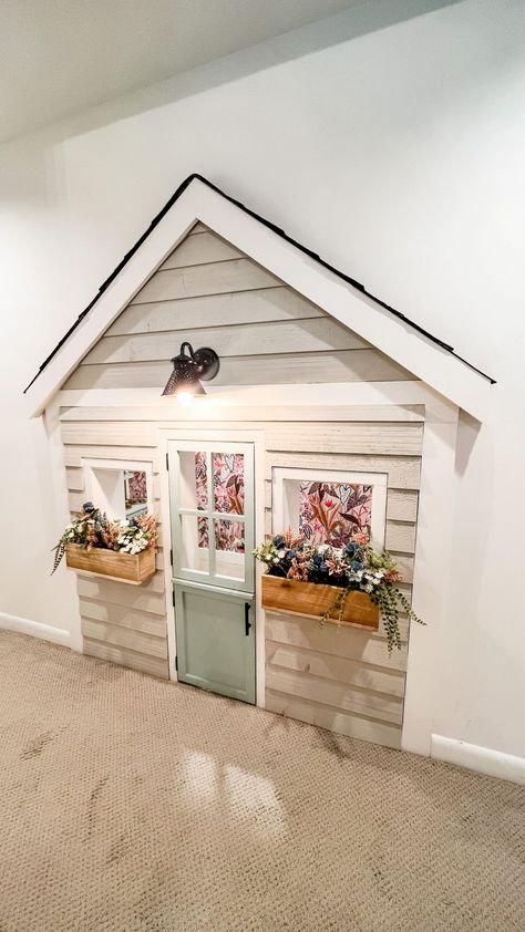 After being inspired by Harry Potter's bedroom under the stairs, we were motivated to create a playhouse in the same space under our basement stairs. What do you think? Bedroom Under The Stairs, Playhouse Under The Stairs, Stairs Playroom, Paint Plywood, Under Stairs Playhouse, Under Stairs Playroom, Under Stairs Dog House, Cedar Shiplap, Dream Basement