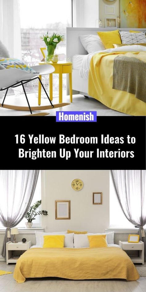 If your bedroom lacks natural light, you can always brighten it up by adding some golden hues to the interior decor. A good color that looks natural and brightens up the space is yellow. This hue can turn a dark, gloomy room into a warm and welcoming space. Gloomy Room, Yellow Bedroom Ideas, Black And Grey Bedroom, Bedroom Guide, Geometric Headboard, Yellow Ceiling, Bedside Furniture, Yellow Curtains, Dark Bedroom