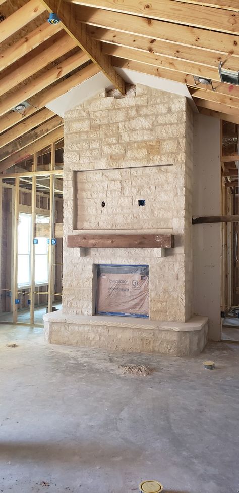 Stone Fireplace In Vaulted Living Room, Limestone Chimney, Heavy Mortar Stone Fireplace, Fireplace Exterior Chimney, Limestone Veneer Fireplace, Exterior Brick Fireplace, Limestone Hearth, Travertine Fireplace, Limestone Fireplace Hearth