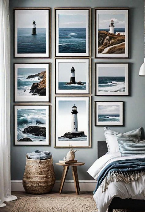 Lighthouse Bedroom Ideas, Surfing Theme Bedroom, Nautical Home Design, Sea Inspired Interior, Masculine Nautical Decor, Masculine Beach Bedroom, Masculine Coastal Decor, Nautical Design Interior, Bedroom Inspirations Coastal