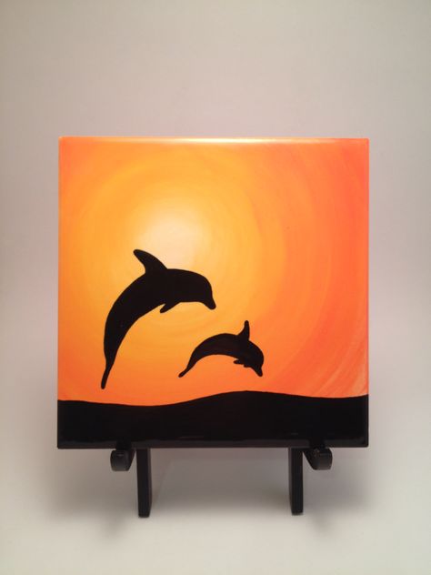 Dolphins Canvas Painting Ideas Dolphins, Dolphin Canvas Painting Easy, Simple Dolphin Painting, Dolphin Sunset Painting, Dolphin Oil Pastel, Oil Pastel Mini Art, Dolphin Canvas Painting, Sunset Easy Paintings, Oil Painting Easy Simple