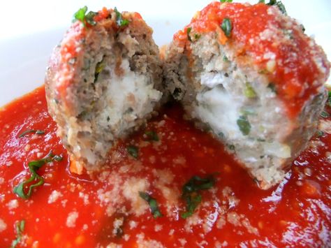 Ricotta Stuffed Meatballs - Proud Italian Cook Stuffed Meatballs, Entree Recipes, Meatball Recipes, Beef Dishes, Growing Food, Comfort Foods, Marinara, Main Meals, Main Dish Recipes