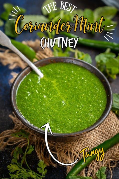 This tangy and spicy Green Chutney (Mint Coriander Chutney, Cilantro Mint Chutney, Indian Green Sauce) is the perfect accompaniment to serve with appetizers or Indian meals. Coriander Mint Chutney Indian, Indian Green Sauce Spicy, Cilantro Mint Chutney Indian, Cilantro Mint Chutney, Mint Coriander Chutney, Mint Sauce Indian, Mint Chutney Indian, Indian Green Chutney, Indian Mint Chutney