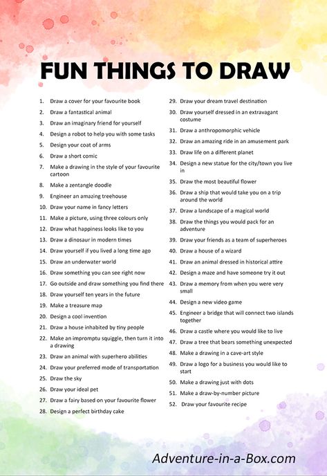 Are your kids wondering what to draw? Get this list of drawing prompts and fun things for kids to draw! #drawing #kidsactivities #kidsart #STEAM Drawing Challenges Ideas, Art List Challenge, List Of Things To Paint, Random Prompts Drawing, Things To Draw List Ideas, Drawing Ideas List 30 Day, Fun Drawing Prompts, List Of Art Ideas, Prompts To Draw