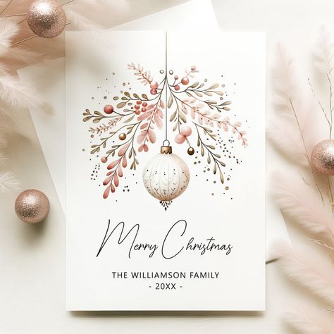 Discover a touch of elegance and festive charm with our Watercolor Christmas Bauble Card. The soft pastel hues of pink and tender greenery adorn a classic Christmas bauble, beautifully capturing the spirit of the holiday season. This flat card offers a quaint and whimsical way to extend your warmest holiday wishes. Ideal for those who appreciate a vintage aesthetic intertwined with modern simplicity. The gentle watercolor texture provides a delicate and authentic feel, making each greeting feel Card Diy Ideas, Christmas Card Diy, Painted Christmas Cards, Christmas Card Art, Craft Christmas, Card Watercolor, Watercolor Card, Watercolor Christmas Cards, 카드 디자인