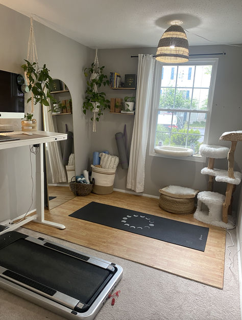 I wanted to create an office space where I could both work and workout. I love my standing desk and walking pad but wanted a space where I could stretch, strength train and practice yoga. Of course I had to make it Kikko friendly, so I added a cat tree & perch so she can be always keep a watchful eye :) Yoga Space In Basement, Craft And Workout Room Ideas, Workout Room With Carpet, At Home Gym And Office, Bedroom Turned Into Gym, Office With Workout Space, Tiny Yoga Space, Gym Corner In Living Room, Office With Walking Pad