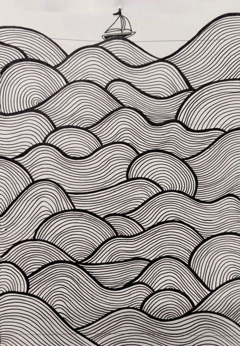 Wave Doodle Art, Sea Doodles Waves, Doodle Art Sea, Gambar Art Simple, Doodle With Pen, Ocean Doodle Art, Waves Pattern Design, Doodle Pen Art, Pattern Art Drawing Simple