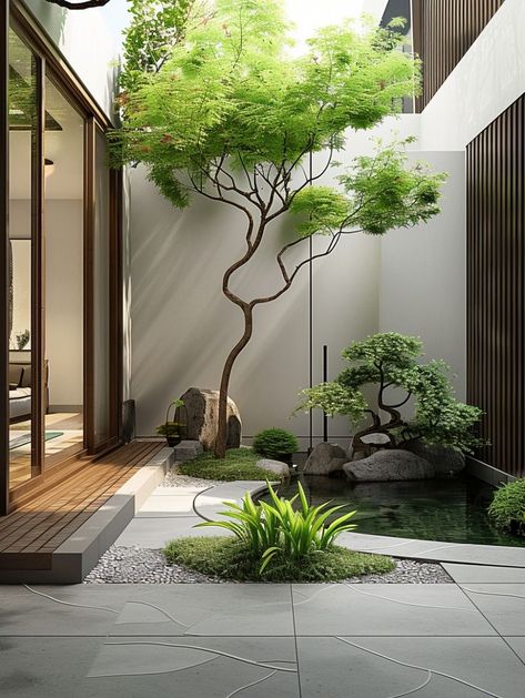 Japandi Front Yard, Japanese Courtyard Garden Small Spaces, Small Interior Garden, Japanese Garden Aesthetic, Modern Japanese Garden Landscapes, Tiny Courtyard Garden, Small Japanese Garden Ideas, Japandi Garden, Queen Box Spring