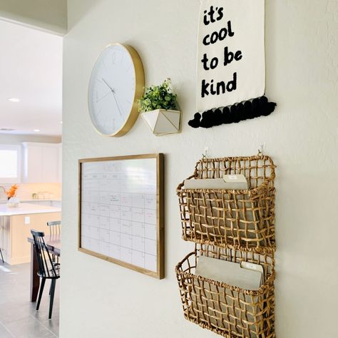 Mail Spot In Kitchen, Entryway Command Center Small Spaces, Family Command Center Cork Board, Office Command Center Ideas, Mail Corner In Kitchen, Living Room Command Center, Command Center Apartment, Family Organization Wall Kitchen, Small Command Center Kitchen