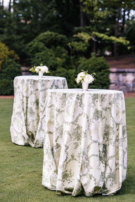 Outdoor wedding reception cocktail hour with small cocktail tables pattern linens Green Wedding Linens, Atlanta History Center Wedding, Wedding Cocktail Tables, Cocktail Table Decor, Green Tablescape, Cocktail Hour Decor, Inside Weddings, Cocktail Hour Wedding, Green Tablecloth