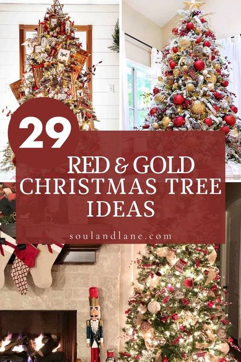 Flocked Christmas Trees With Red, Christmas Tree With Red And Gold Ornaments, White Christmas Tree With Red And Gold Ornaments, Red Green Gold White Christmas Tree, Gold White Red Christmas Decor, Flocked Tree With Red And Gold, Red And Gold Decorated Christmas Trees, Christmas Tree Red And Gold Ornaments, Gold And Red Christmas Tree Ideas