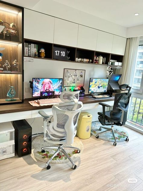 [PaidLink] 53 Couples Gaming Room Setup Guides You'll Be Glad You Discovered This Winter #couplesgamingroomsetup 2 Person Gaming Desk Setup, His And Hers Battlestations, Couples Study Room, 2 Person Desk Setup, Couple Office Room, 2 Person Gaming Setup, His And Her Office Space Home Couple, Two Person Gaming Setup, Shared Gaming Room