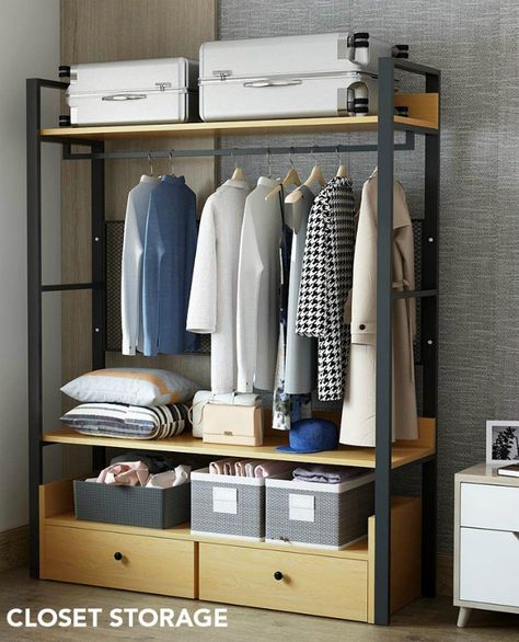 Open Storage Bedroom, Room Without Closet Ideas, Free Standing Closet Ideas, Wardrobe Metal Design, Metal Frame Wardrobe, Metal Wardrobe Design, Clothing Shelves Bedroom Open Wardrobe, Wooden Open Wardrobe Design, Clothes Rack Ideas Bedroom Open Wardrobe