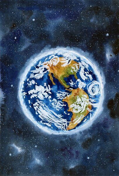 Earth Planet From Space With Stars Painting Design in Watercolor. Painting Of The Earth, Earth From Space Illustration, Earth Atmosphere Drawing, Earth Reference Drawing, Earth From Space Drawing, Earth Drawing Creative, Earth Illustration Design, Drawing Of Earth, Planet Earth Drawing