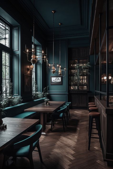 Beautiful Bars Design, Black Walls Restaurant, Dark Green Pub Interior, Pub Ceiling Design, Dark Restaurant Interior Design, Modern Tavern Design, Dark Green Restaurant Interior, Dark Theme Restaurant, Victorian Pub Interior