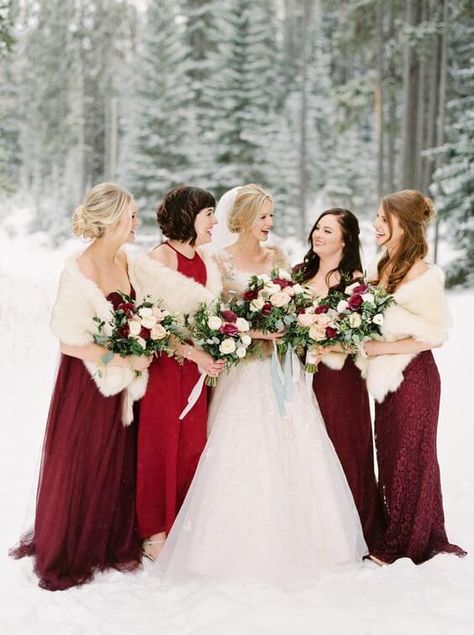 Gorgeous Red, Green and White December Wedding Color Ideas - ColorsBridesmaid Burgandy Bridesmaids Dress, December Wedding Colors, Wedding In December, Winter Wedding Bridesmaids, Fairmont Banff, Winter Wedding Photos, Bouquet Inspiration, Photography Winter, Calgary Wedding