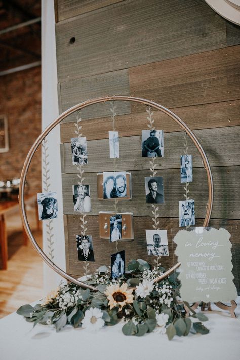 Circle Wedding Decor, Hula Hoop Memory Table, In Memory At Wedding Ideas, Passed Ones At Wedding, Wedding Ideas For Loved Ones Who Passed, Memory Wall For Wedding, Memorial Board For Wedding, Photo Displays For Parties, Wedding Ideas In Memory Of