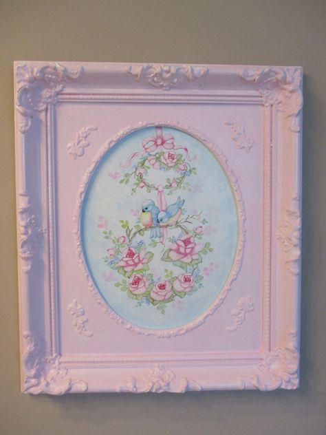 Shabby Chic Hand Painted Vintage Frame on Canvas with Bluebirds and Roses Frame On Canvas, Shabby Chic Painting, Shabby Chic Flowers, Painted Roses, Hand Painted Roses, Casa Vintage, Living Art, Chic Flowers, Vintage Frame