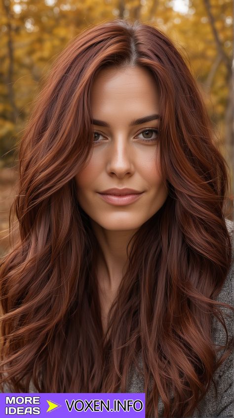 22 Embrace Autumn with Stunning Brown Fall Hair Colors | Top Trends 2024 - voxen.info All Over Red Brown Hair Color, Fall Hair Color With Highlights, Red Tones Hair Color, Hair Color Ideas Red Brown, Light Brown Hair With Red, Cool Red Hair Color, Dark Mahogany Hair Color, Red Toned Brown Hair, Natural Red Highlights