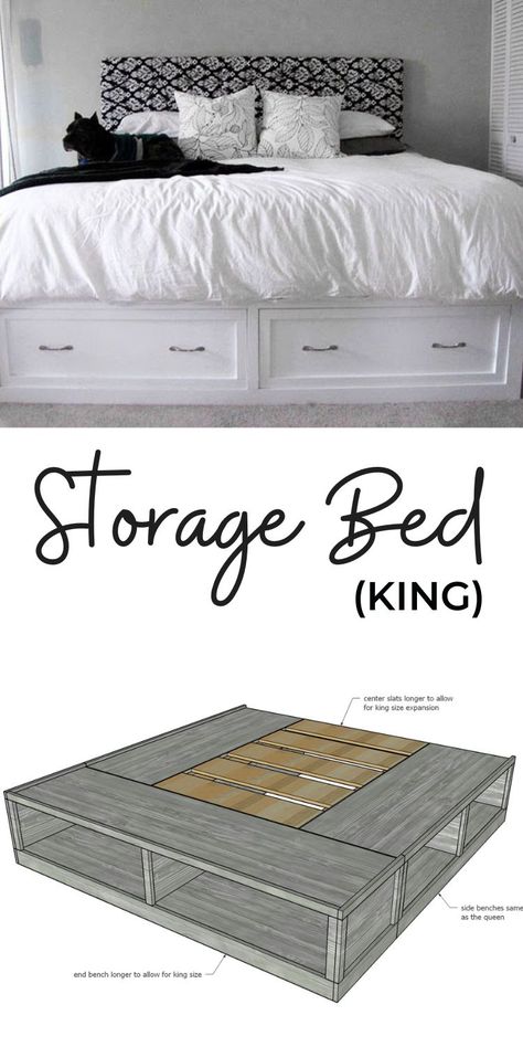 Captains Bed King, White King Platform Bed, King Bed Frame With Storage Plans, Diy King Size Bed Frame With Storage, Cal King Storage Bed Frame, King Bed Frame Ideas With Storage, How To Make A Platform Bed With Storage, Farmhouse Bed With Drawers, Beds And Bed Frames