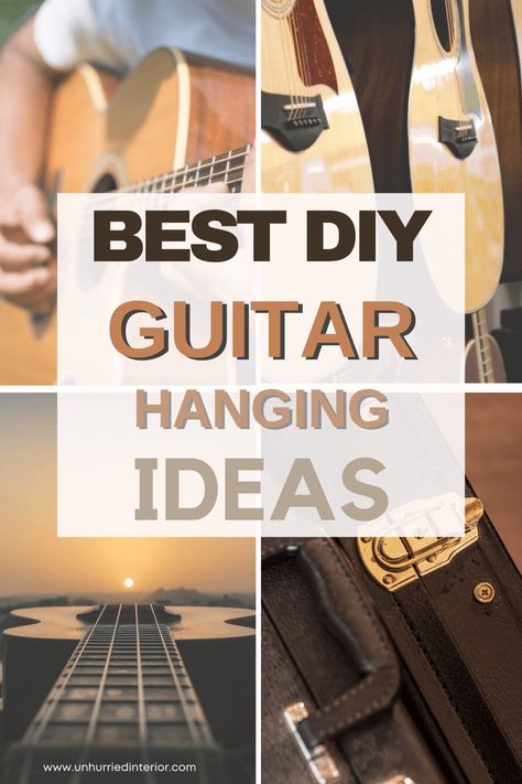 The Best DIY Guitar Hanging Ideas for a Wall Display - Unhurried Interior How To Display Guitars On Wall, Displaying Guitars On Wall, How To Hang A Guitar On The Wall, Guitar Wall Decor, Guitar Display Ideas, Guitar Living Room Decor, Guitar Holder Wall, Guitar Wall Mount, Guitar Wall Display