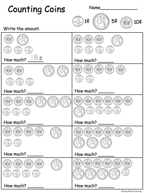 Coins Pennies, Nickels & Dimes Counting Change Worksheets, Coins Worksheet Kindergarten, Learning To Count Money, Counting Pennies Worksheet, Coin Counting Worksheet, Dimes And Pennies First Grade, Kindergarten Money Worksheets, Counting Money Activities, Teaching Coins First Grade