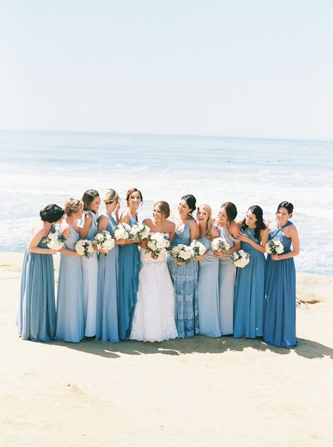 Bring That Blue And White Beach Theme Into Your Garden Wedding Pretty Beach Weddings, Beach Wedding Aesthetic Bridesmaid, Summer Beach Wedding Bridesmaid Dresses, Light Blue Different Bridesmaid Dresses, Cute Summer Wedding Ideas, Beach Wedding Dresses Bridesmaid, Ocean Wedding Bridesmaid Dresses, Blue Wedding Beach Theme, August Beach Wedding