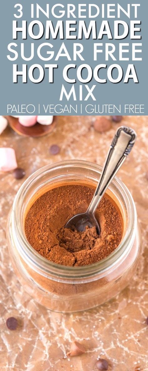 3 Ingredient Sugar Free Hot Chocolate Cocoa Mix (V, GF, Paleo)- Easy, healthy, creamy hot chocolate mix perfect for gifting and made with NO nasties or fillers- Just add water or milk! {vegan, gluten free, paleo recipe}- thebigmansworld.com Hot Chocolate For Diabetics, Homemade Sugar Free Hot Cocoa Mix Recipe, Sugar Free Cocoa Mix Recipe, Healthy Hot Cocoa Mix Recipe, Whole 30 Hot Chocolate, No Sugar Hot Chocolate Recipe, Low Sugar Hot Chocolate Recipe, Diet Hot Chocolate Recipe, Sugar Free Hot Chocolate Mix Recipe Dry