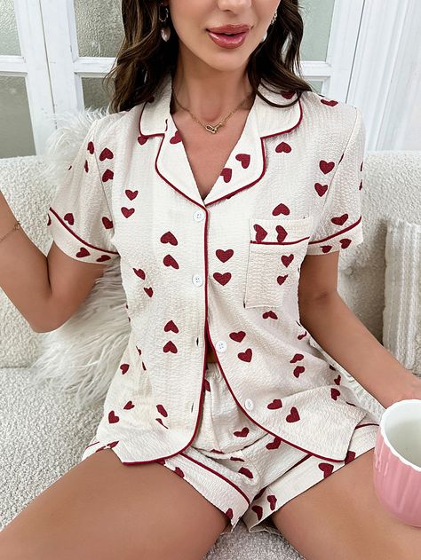 Beige Cute-Sweet Collar Short Sleeve  Geometric,Heart Short Sets Embellished Non-Stretch Spring/Summer Women Sleep & Lounge Couture, Heart Pj Set, Skirt Labuh, Pijamas Women, Summer Loungewear, Lapel Top, Cute Pajama Sets, Tie Waist Shorts, Seluar Pendek