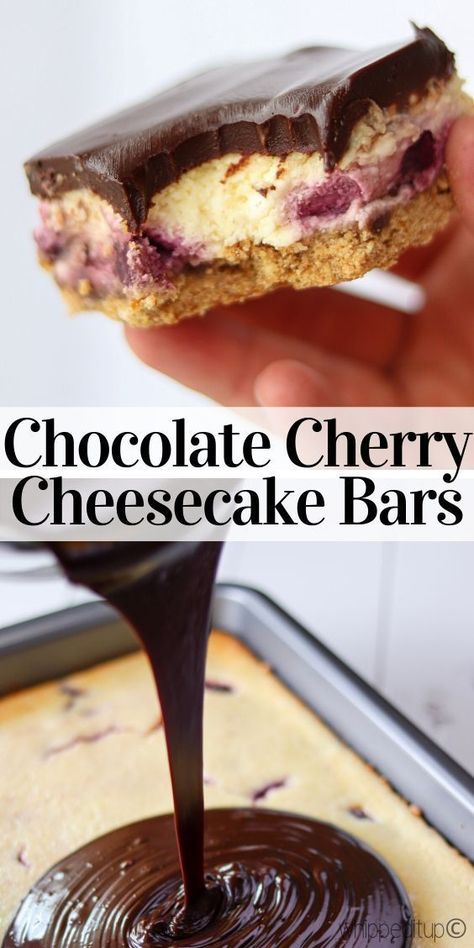 Cheesecake Bars 9x13, Cherry Cheesecake Bars, Chocolate Cherry Cheesecake, Cheesecake Ideas, Cherry Recipes Dessert, Cheesecake Cups, Tasty Desserts, Cherry Desserts, Dessert Bar Recipe