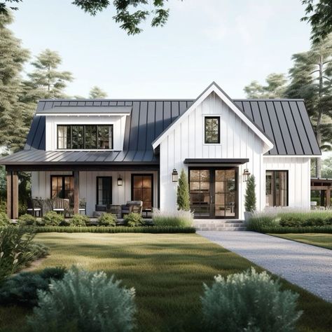 Modern Home Exteriors White, Metal Roof Modern Farmhouse, Modern Southern Farmhouse Exterior, Rustic White House, White Farmhouse Landscape Ideas, Modern Farmhouse Homes Exterior, White And Black Farmhouse Exterior Ranch, Farmhouse Black And White Exterior, White Modern Cottage Exterior