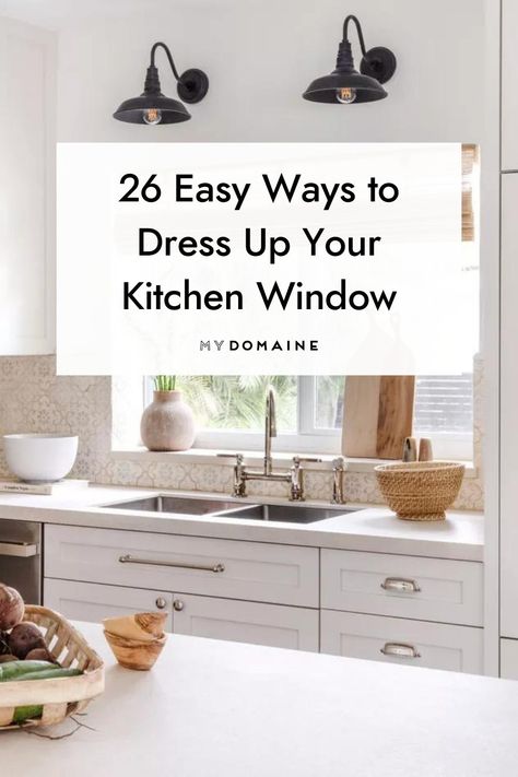 Kitchen Window Cabinet Shelves, Shelves Over Windows Kitchen, Above Window Kitchen Decor, Kitchen Sink Window Sill Decor, Kitchen Sink In Window, Kitchen Window Molding Over Sink, Tile Wrapped Window Kitchen, Dress Kitchen Window, Kitchen Window Over Sink Ideas Modern