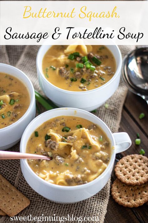 This creamy Butternut Squash, Sausage & Tortellini Soup is rich and filling - the perfect comfort meal for the cold winter months! Sausage And Butternut Squash Soup, Butternut Squash Soup With Sausage, Italian Sausage Butternut Squash Soup, Sausage Butternut Squash Soup, Butternut Squash & Sausage Tortellini Soup., Butternut Squash Sausage, Butternut Squash Spinach, Veal Stew, Spinach Tortellini Soup