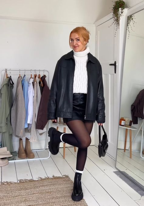 Black Mini Skirt Outfit Thanksgiving, Leather Jacket And Tights Outfit, Tall Black Boots Outfit Midsize, Skirt And Tights Outfit Midsize, Black Tights Outfit Midsize, Doc Martins Fall Outfit, Chelsea Boot And Skirt Outfit, Autumn Concert Outfit Ideas, Midsize Tights Outfit