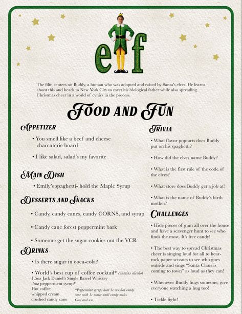 Christmas Movie Night Ideas, Elf Movie Party, Family Movie Night Themes, Elf Themed Christmas Party, Disney Themed Movie Night, Disney Movie Night Food, Disney Movie Night Dinner, Movie Night Ideas, Movie Night Dinner